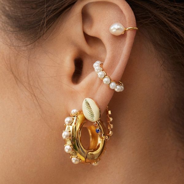 

fashion women pearl stone beaded hoops mini small hoop earrings boho small round hoop earrings no piercing, Golden;silver