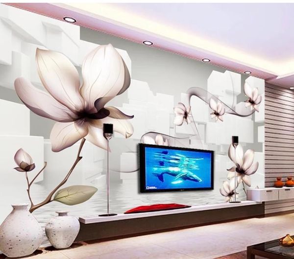 murais papel de parede 3D para sala de estar Lily flor reflexão parede de fundo TV transparente flor 3D