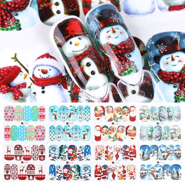 

12pcs christmas nail stickers water decals snowman santa clause deer nail art new year slider manicure full wraps tool jia/bn, Black