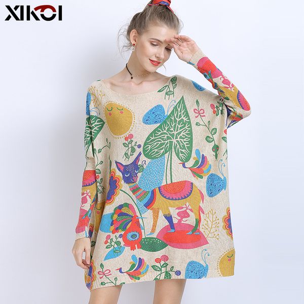 

women's sweaters casual batwing sleeve knitted winter fall wool oversized sweater women warm long pullover dresses cartoon print jumper, White;black