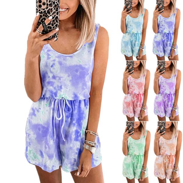 

women's summer tie dye print jumpsuit shorts casual loose o-neck beach rompers sleeveless bodycon party cinessd, Black;white