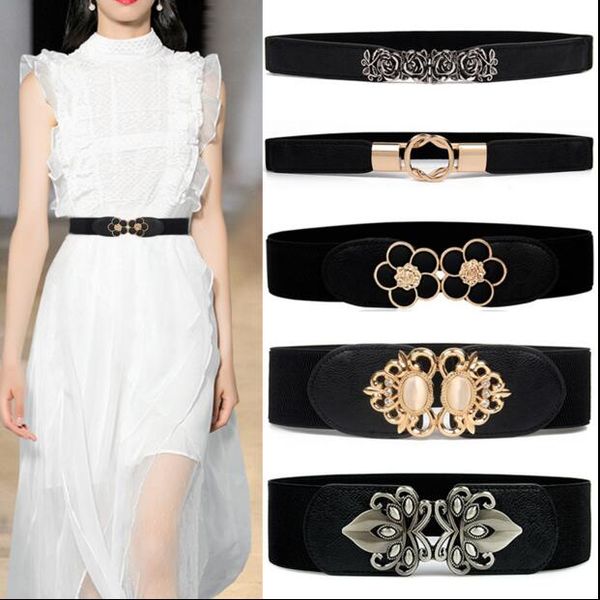 

webcasts heat vintage rose gold leaves buckle women's elastic waist wide belt fashion, Black;brown