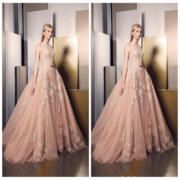 

2019 new elegant light pink evening dresses lace appliqued jewel sleeveless a-line prom party gowns sweep train celebrity dress, Black;red
