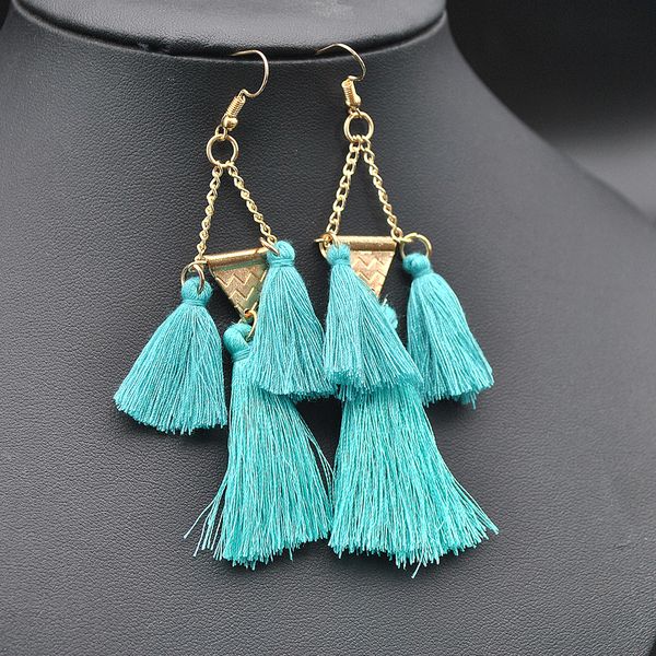 

cotton tassel earring metal geometric chain long earrings silk thread earring accessories, Golden