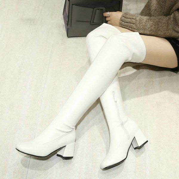 

Over the Knee Boots Women Thick High Heel Boots Fashion Zipper Square Toe Thigh High Boots Warm Winter Shoes White Black 2019