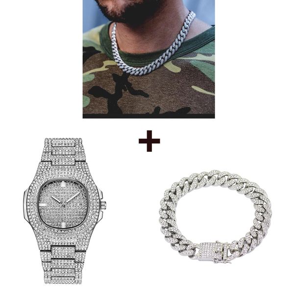 

серебряное ожерелье + часы + браслет 3 компл. хип-хоп майами снаряженная кубинская цепочка bling iced out мощеные стразы cz рэппер для мужчи, Silver