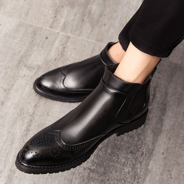 

men's boots men business boots shoe handmade leather dress shoes autumn winter vintage shoes lace-up warm plush formal big size, Black