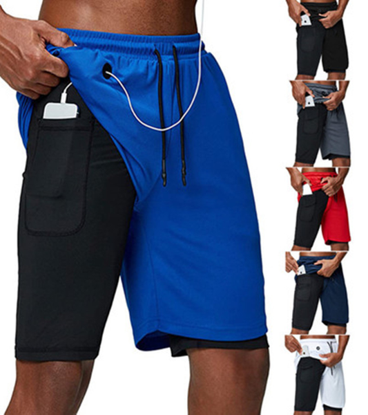 

running shorts mens double layer gym fitness training quick dry beach short man summer sports workout crossfit, Black;blue