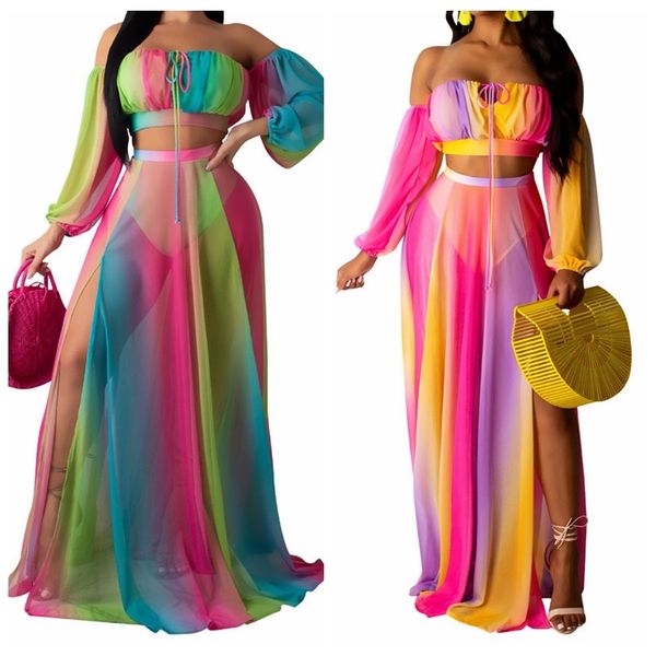 

2019 beach cover up colorful chiffon swimsuit beach dress women swimwear bikini cover-ups beach wear tunic robe plage 2pcs/set t200601, Black;gray