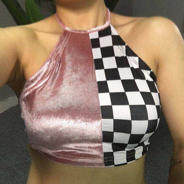 

crop women fashion brand checkerboard halter cropped cami sleeveless backless feminino velvet crop camisole drop shipping, White