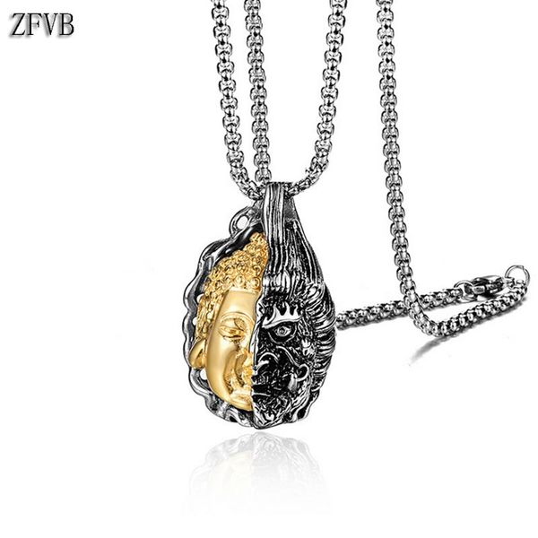 

zfvb vintage kind evil half buddha demon face necklace hiphop rock design 316l stainless steel punk pendant necklaces for men, Silver