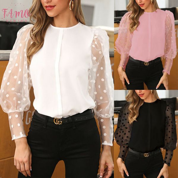 

2020 новая мода элегантный тонкий горошек puff с длинным рукавом o шеи падение блуза женская sheer сетки see through блуза, White