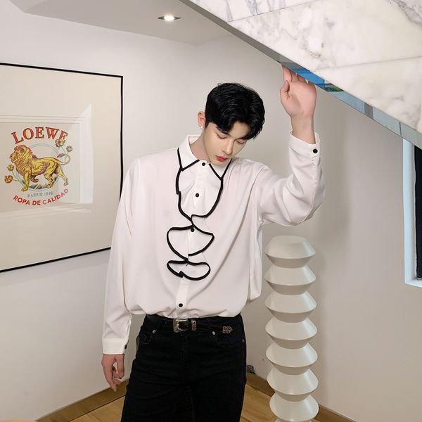

male streetwear polka dot party dress shirt men vintage ruffles collar long sleeve loose casual shirt stage lovers clothes, White;black