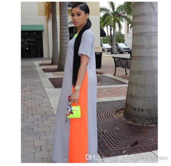

womens summer designer panelled color print dresses crew neck short sleeve floor length female clothing fashion maxi casual apparel, Black;gray