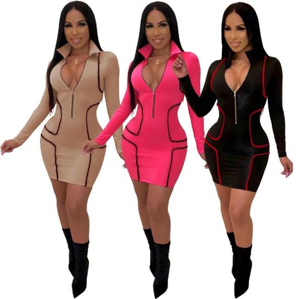 

women designer patchwork bodycon dresses deep v-neck zipper pencil dresses casual slim fit skinny dresses, Black;gray