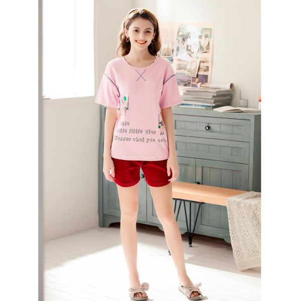 

summer pajamas set short sleeve women pyjamas cotton sleepwear cartoon pattern night suit casult nightwear, Black;red