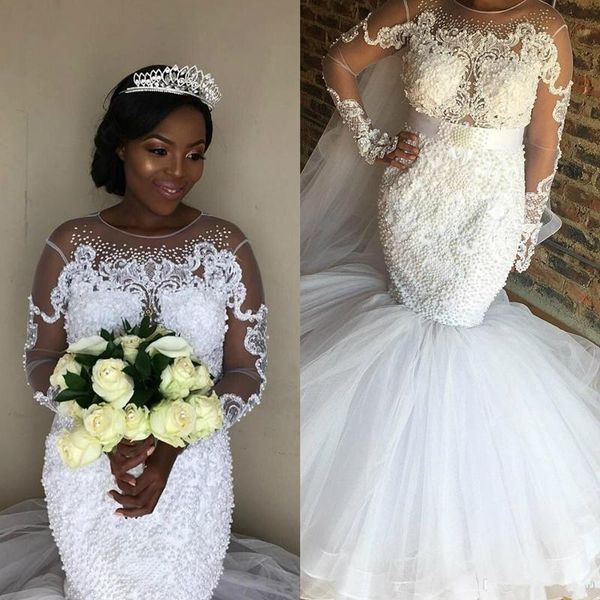 

mermaid wedding dresses 2020 sheer neck long sleeves lace appliques beaded illusion plus size black girl bridal gowns custom made, White