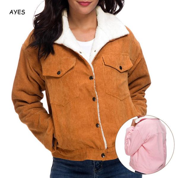 

solid warm jacket casual dual pocket corduroy coats 2019 single breasted turn-down-collar outerwear autumn women jacket outwear, Black;brown