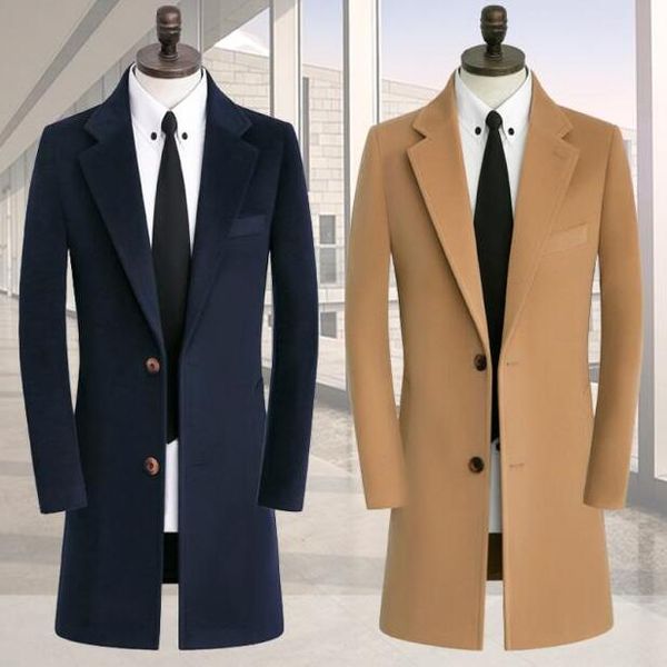

korean casual woolen coat men trench coats long sleeves overcoat mens cashmere coat masculino england autumn winter khaki blue, Black
