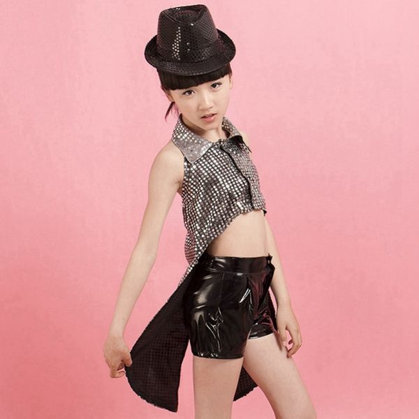 

children sequin jazz dance costume ds dancewear modern hip hop dance clothing with hat, Black;red