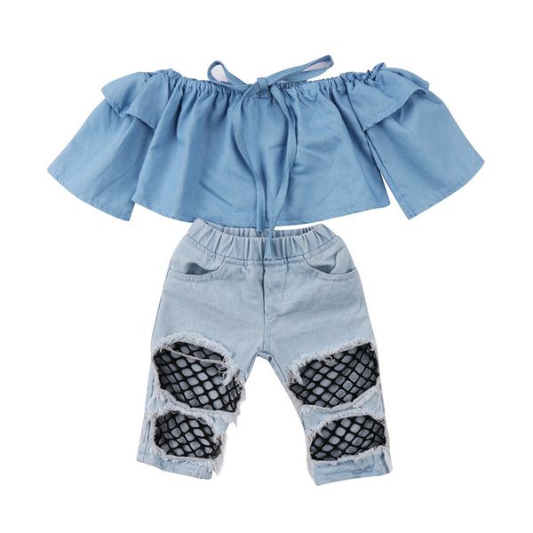

toddler infant kids baby girls clothes set off shoulder fashion net denim holes pants hole jeans kids baby gilrs outfit set, White