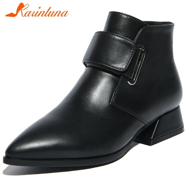 

karin 2020 big size 42 genuine leather chunky heels ankle boots woman shoes hook&loop shoes women boots female, Black