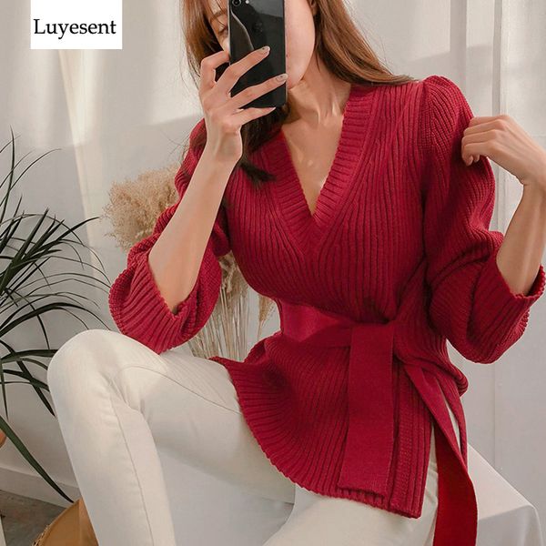 

элегантный врезки пояс bodycon женщины пуловер свитер 2019 lady sexy глубокий v шеи осень вязаная top basic split корейский вытащите jumper, White;black
