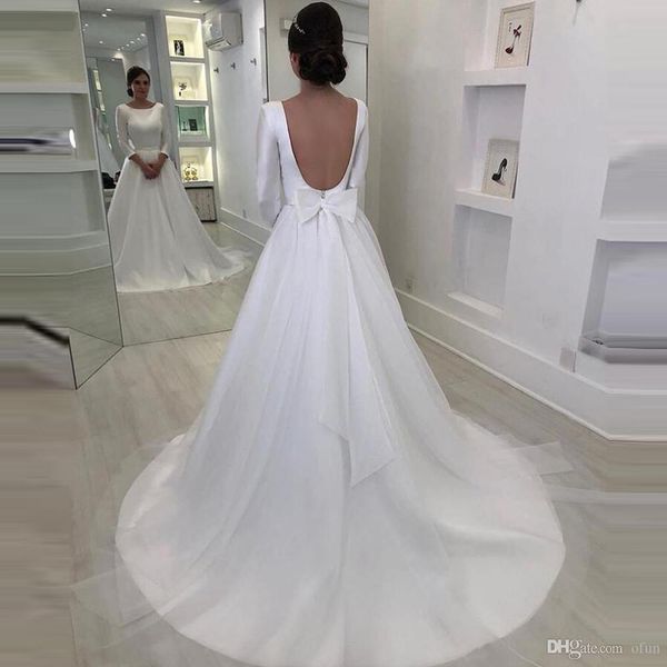 Barato simples elegante uma linha vestidos de 3/4 colher de luva pescoço aberto traseiro cetim vestido de noiva de cetim vestidos de noiva com vestidos de arco