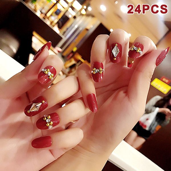 

24pcs/set fake nails tips crystal finish wedding brides nail art tips decor qq99, Black