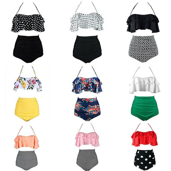 

yicn high waist swimwear bikinis set women 2020 ruffle vintage bikini swimsuit bandage striped bottom bathing suit plus size 3xl