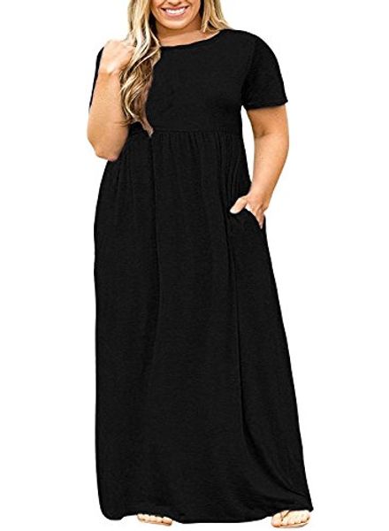 

yonywa plus size womens dresses short sleeve casual loose plain long maxi t shirt dress with pockets, Black;gray