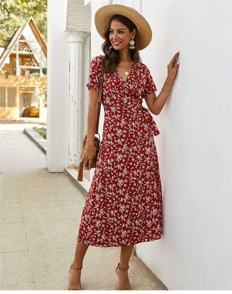 

2020 a line red medium long floral dress women v neck short sleeve slim print dress new casual women dresses spring summer dress office lady, Black;gray