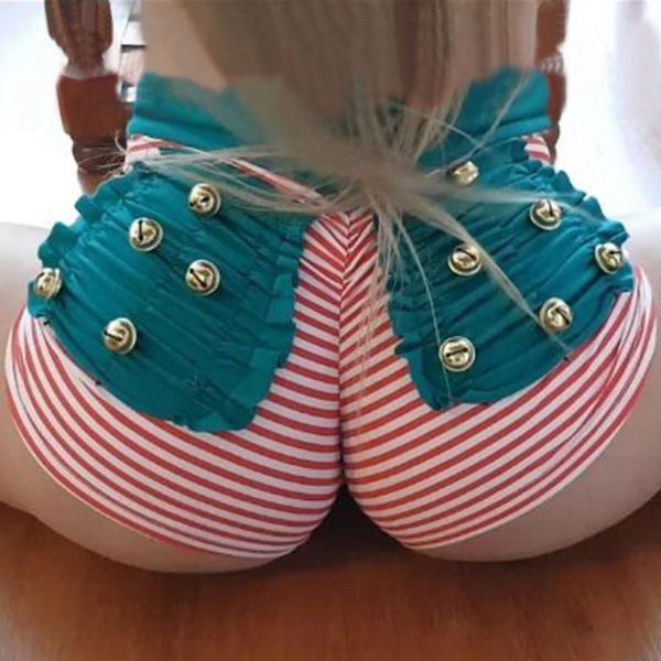 

2019 brand high waist fitness shorts for women summer new bottom bell packets wrinkle contrasting colors push up stripe shorts, White;black