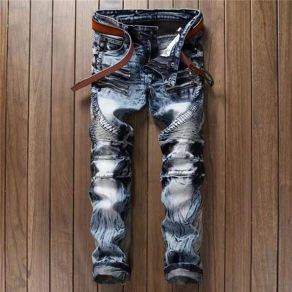 

2019 mens ripped jeans luxury slim fit motorcycle biker denim pants for men fashion designer hip hop mens man's trouser, Blue