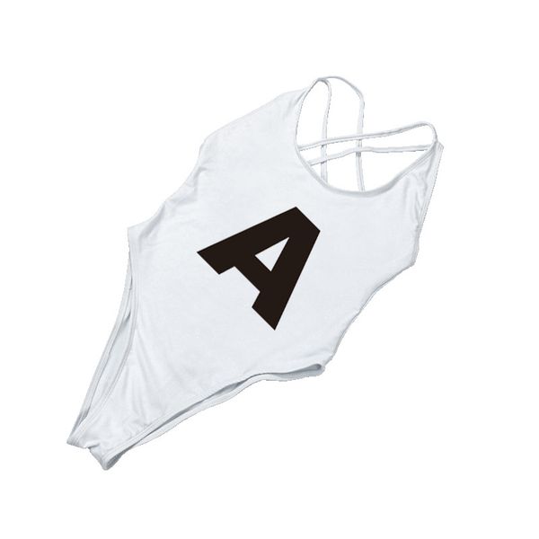 

a white-lettered european and american back cross alphabet printed unibody bikini swimming suit, White;black