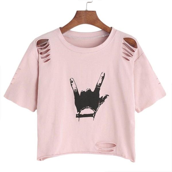 

print pink gesture print ripped crop t-shirt spring round neck short sleeve rock tee women cut out casual female quality, White