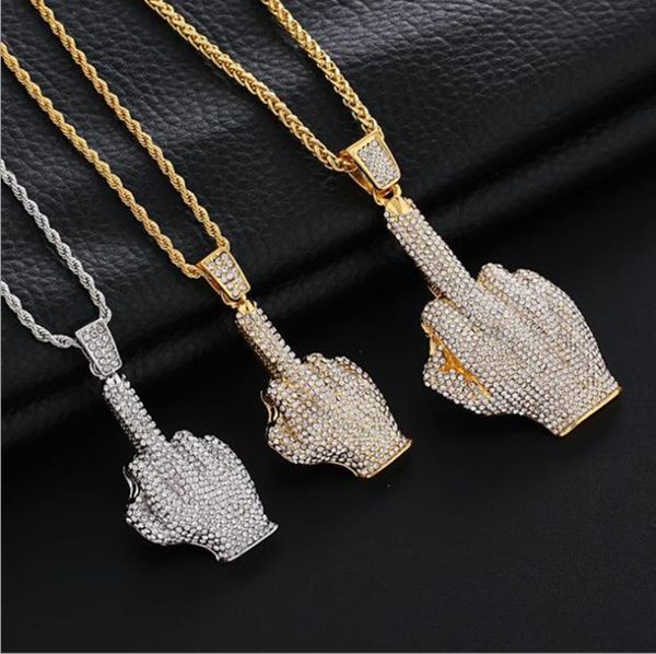 

europe and america hip hop set with diamond large vertical middle finger men's necklace pendant finger men's necklace, Golden;silver