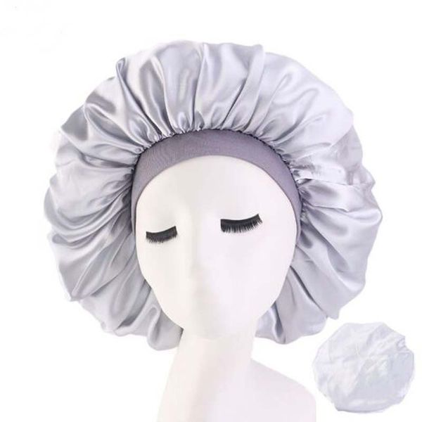 

europe extra large round colored hat skullies beanies wide elastic nightcap spring autumn emulation silk turban chemotherapy cap, Blue;gray