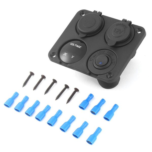 

new new 4 in 1 dual usb car charger adapter cigarette lighter socket led digital voltmeter switch 12v socket 4 hole panel