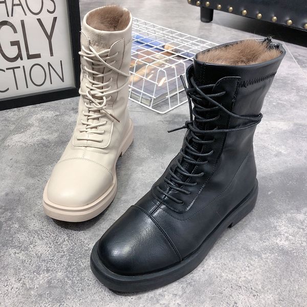 

women's boots new korean version of the square head zipper boots leather warm hair plus velvet non-slip, Black