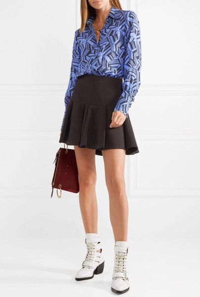 

women blue geometric print silk long sleeve blouse shirt, White