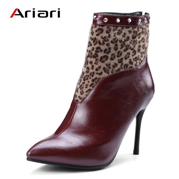 

ariari shoes women winter patchwork dress shoes leopard ankle boots thin high heels pointed toe boots zipper, Black
