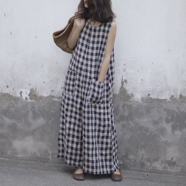 

women jumpsuits summer romper women 2019 summer wide leg women vintage plaid checked sleeveless loose jumpsuits pants casual baggy, Black;white