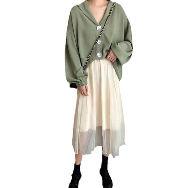 

spring summer 2 pieces sets women elegant v-neck lantren sleeve single breasted shirt +a-line mesh skirt sets plus size 4xl j97, White