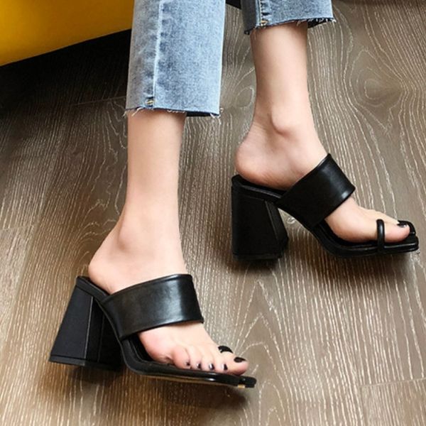 

female shoes slippers heels square toe rubber flip flops low slides shose women 2020 high block hawaiian designer sexy, Black
