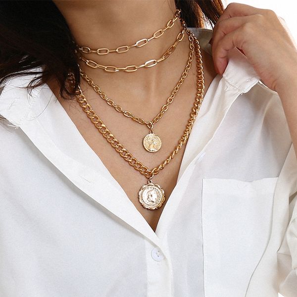 

diezi multilayer vintage coin pendant necklace hip hop geometric gold plated metal chain choker statement necklaces for women, Silver