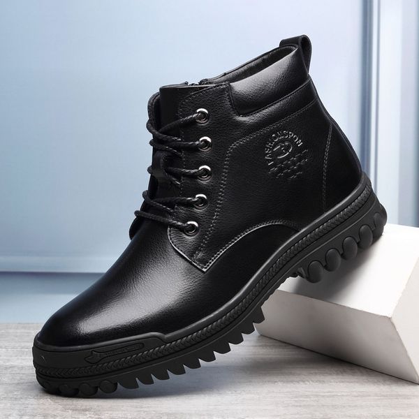 

men casual business formal dress warm wool snow boots genuine leather winter shoes cotton shoe lace-up platform ankle boot botas, Black