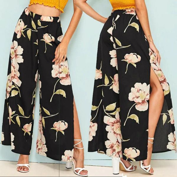 

women's pants & capris 2021 fashion womens chiffon floral printing wide leg palazzo beach ladies high waist loose flower printed trouse, Black;white