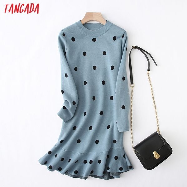 

tangada women dots knitted sweater dress elegant long sleeve ruffles 2019 autumn winter lady knit midi dress yu27, Black;gray
