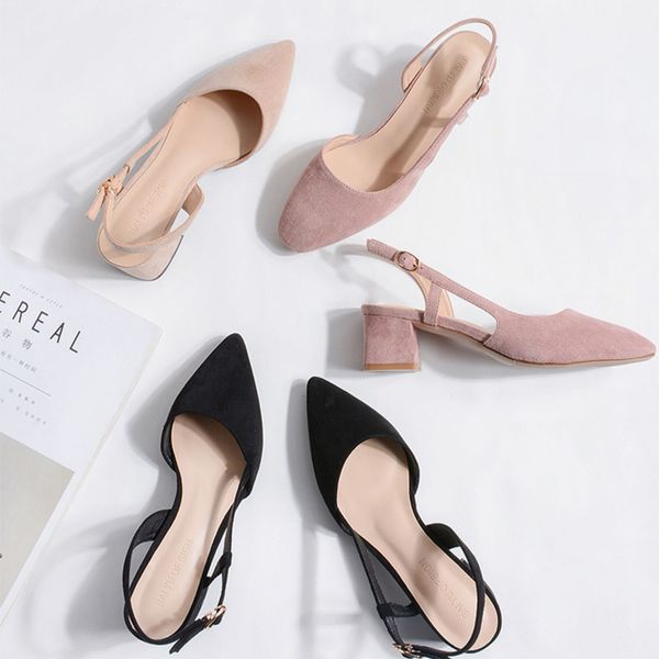 

high heels fashion shoes woman thick heel 5.5cm pumps pointed toe slingbacks plus size wild flock 2019 autumn solid buckle black